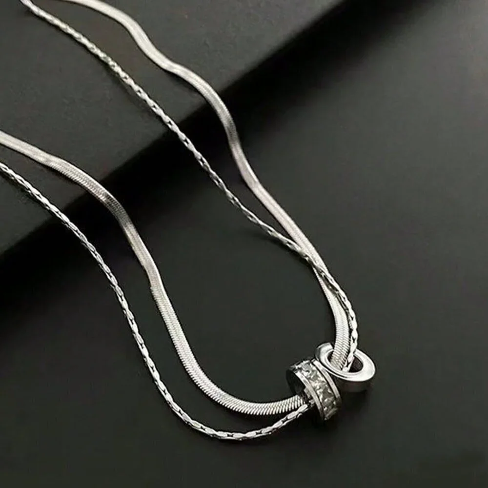 Silver Casual Women's Stainless Steel Round Cz Inlaid Double Layer Necklace